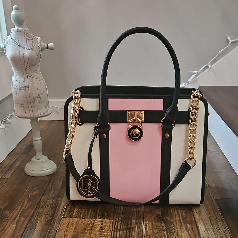 Elegant DS Black, Pink, and White Large Handbag‎ with Gold Accents....